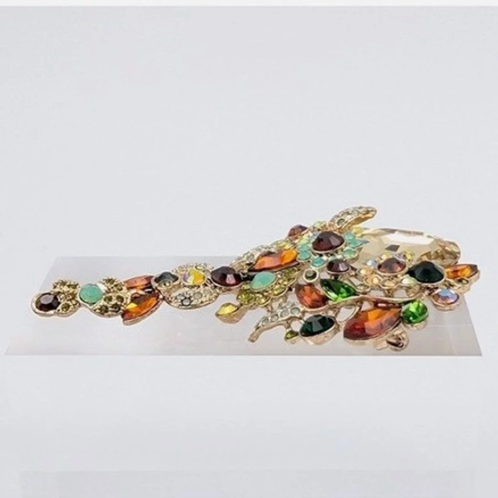 Botanical Rhinestone Brooch Pendant‎ Gold Tone Large Floral Garden Fairy Spring